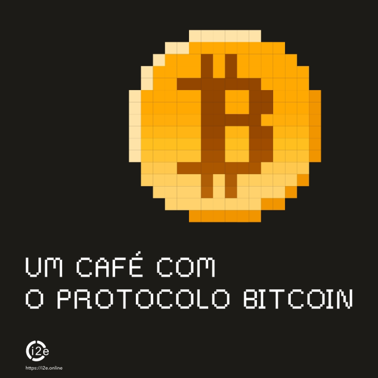 Capa do livro "Um Café com o Protocolo Bitcoin", com ícone pixelado de Bitcoin sobre fundo preto
