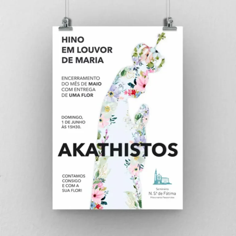 Cartaz do evento Akathistos no Seminário Nossa Senhora de Fátima, com ilustração floral da Virgem Maria, anunciando o encerramento do mês de maio com hino em louvor de Maria e entrega de uma flor, no dia 1 de junho às 15h30.