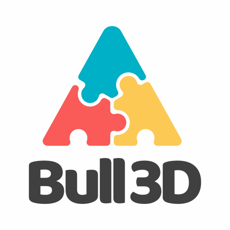 Logotipo do projeto Bull3D com três peças de puzzle coloridas formando um triângulo, representando união e prevenção do bullying nas escolas.