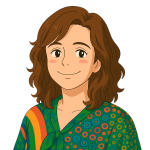 Retrato ilustrado em estilo anime de uma designer sorridente com cabelo castanho ondulado e camisa colorida, representando Mariana Pais, profissional de Design Gráfico e Comunicação Visual.