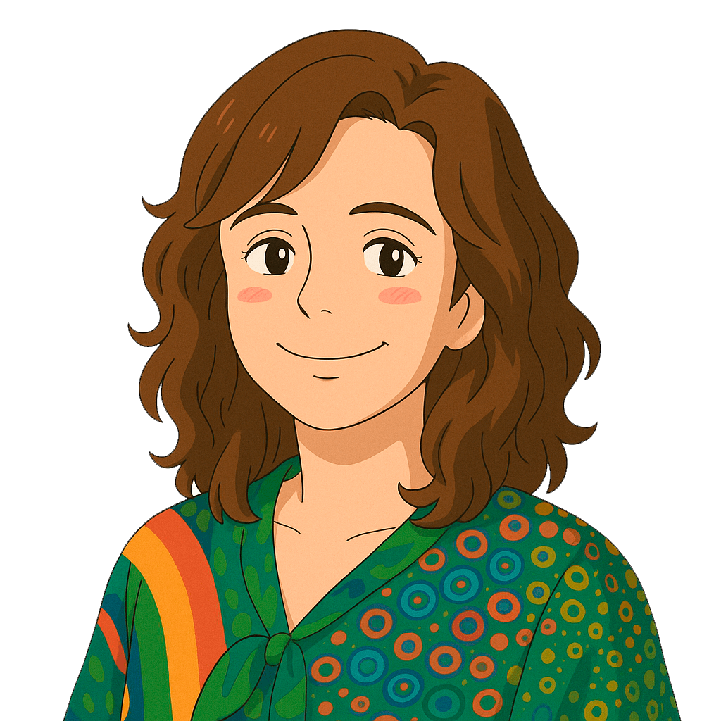 Retrato ilustrado em estilo anime de uma designer sorridente com cabelo castanho ondulado e camisa colorida, representando Mariana Pais, profissional de Design Gráfico e Comunicação Visual.