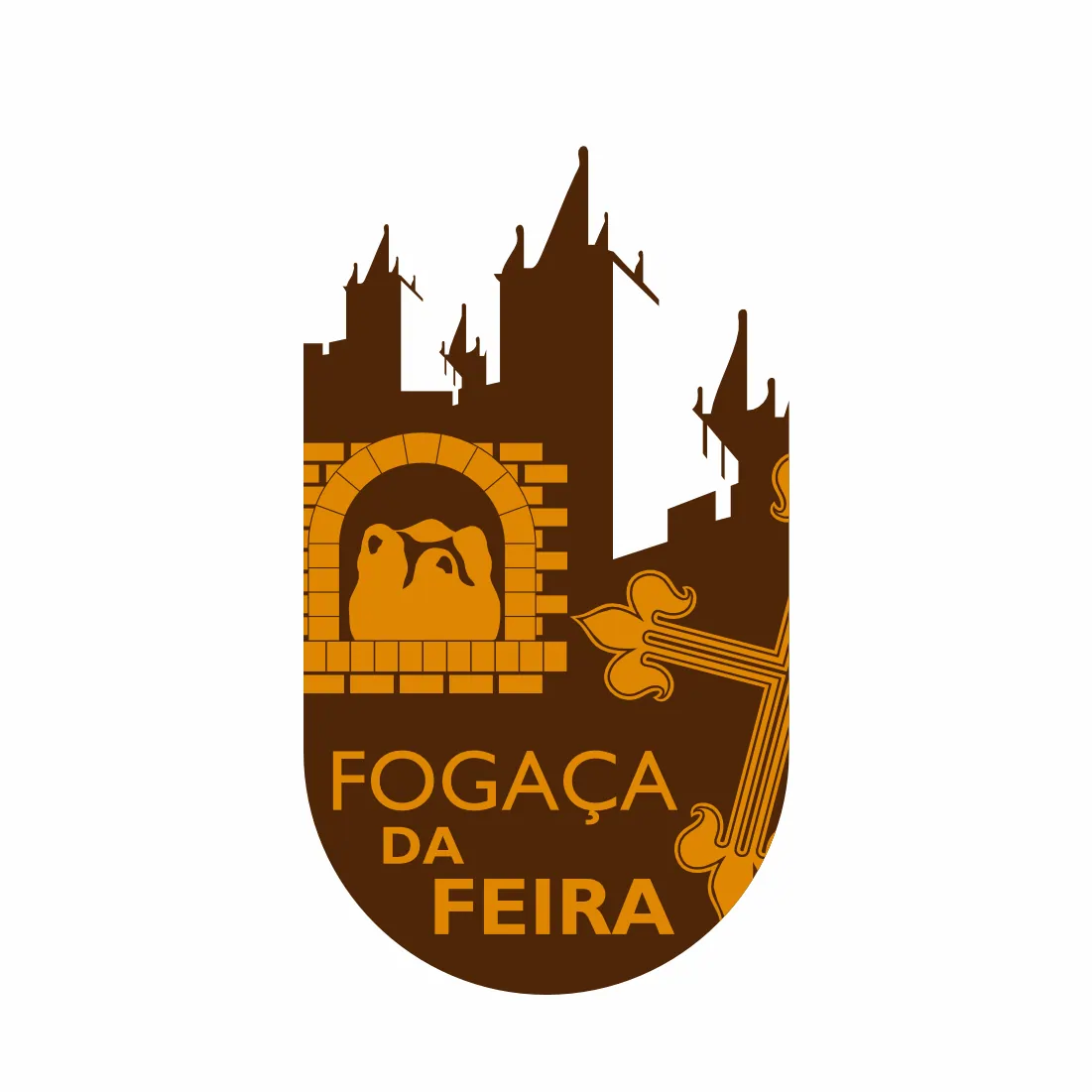 Selo de certificação da Fogaça da Feira IGP com ilustração de castelo, forno de lenha e cruzes medievais, representando o doce tradicional de Santa Maria da Feira, Portugal.