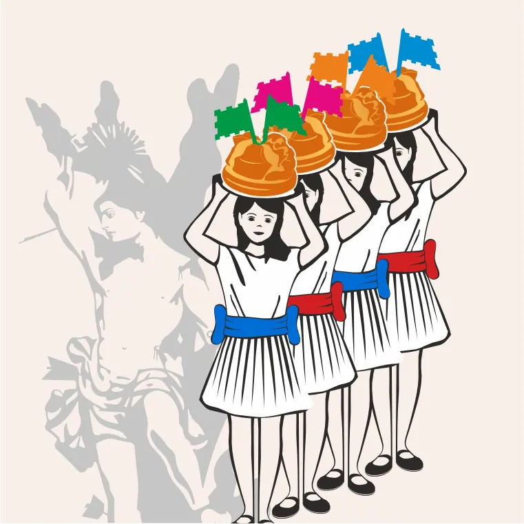 Ilustração de jovens fogaceiras com trajes tradicionais e fogaças decoradas com castelos coloridos, celebrando a Festa das Fogaceiras em honra a São Sebastião.