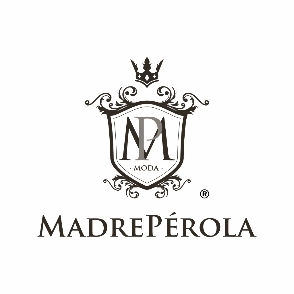 Logotipo da marca MadrePérola Moda com brasão elegante, letras MP estilizadas e coroa no topo